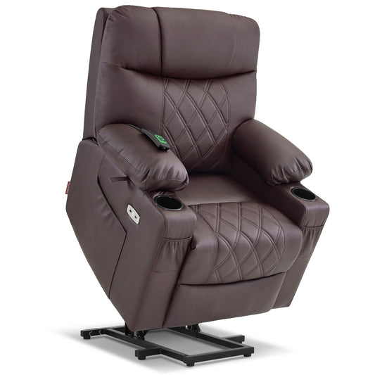 MCombo Small Power Lift Recliner Chair Sofa with Massage and Dual Heating, Adjustable Headrest for Elderly People Petite, USB Ports, 7111 (Single Motor, Dark Coffee)