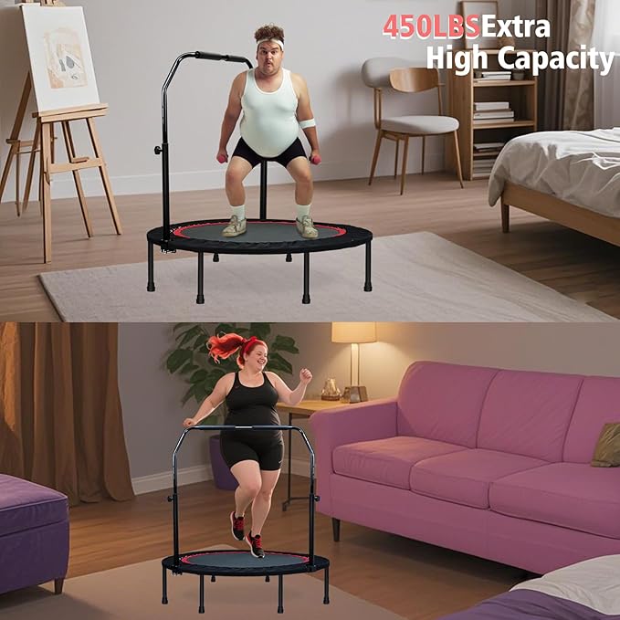 450 LBS Foldable Mini Trampoline for Adults & Kids 40" Rebounder Trampoline with Adjustable Foam Bar for Indoor Workout Fitness