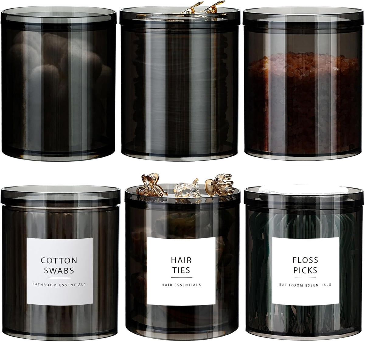 SheeChung Qtip Holder & Black Apothecary Jars Set - 6-Pack Bathroom Storage for Cotton Swabs & Makeup Sponges