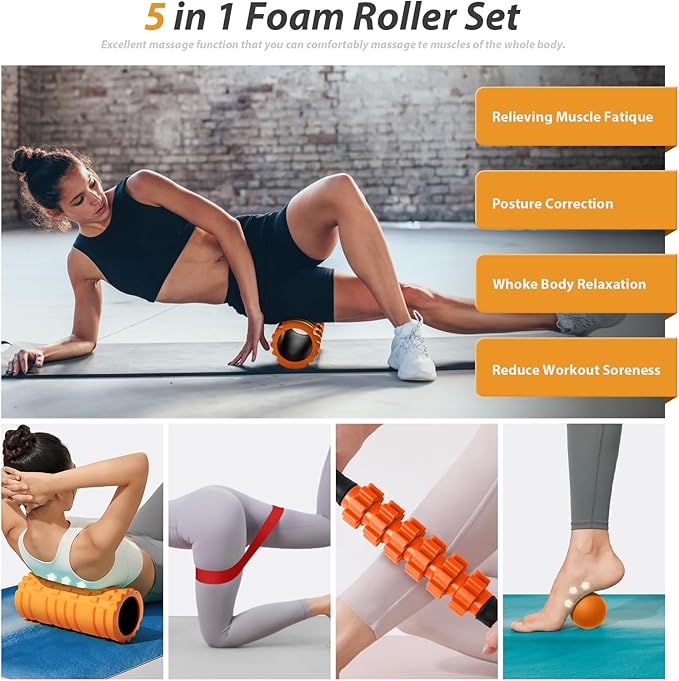 5 in 1 Foam Roller Set for Deep Tissue Muscle Massage, Trigger Point Fitness Exercise Foam Roller, Massage Roller, Massage Ball, Stretching Strap, for Whole Body(Orange-Black)