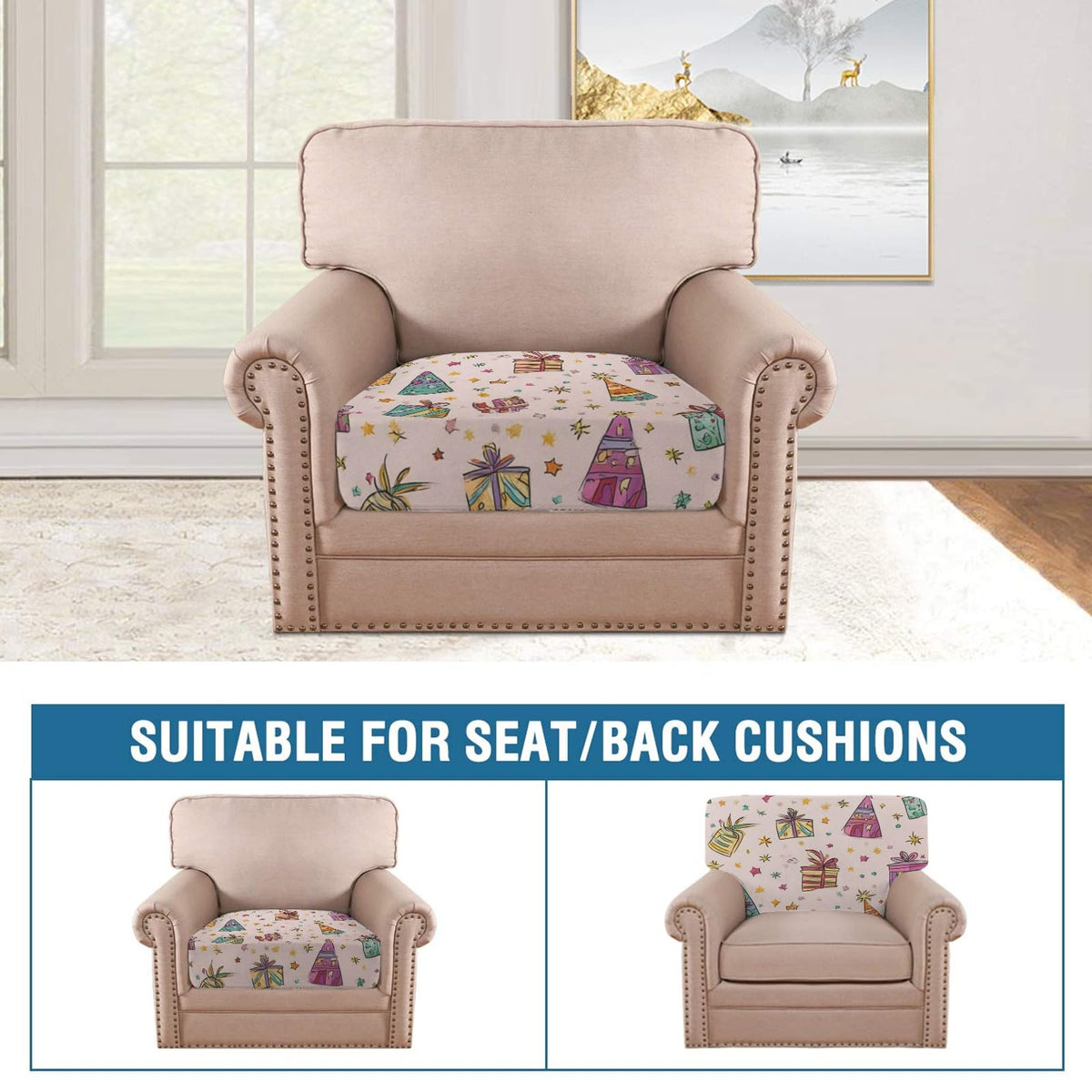 pnyoin Colorfule Gift Box Stretch Individual Seat Sofa Cushion Covers Elastic Couch Cushion Cover Slipcover Sets -4 Piece Sofa Cushion Covers