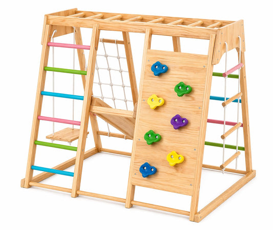 Avenlur Premium Wooden Indoor Climbing Gym for Kids – Montessori Playset with Climbing Wall, Ladder, Rope Net & Swing – Solid Natural Wood Toddler Playground, Ages 1–6