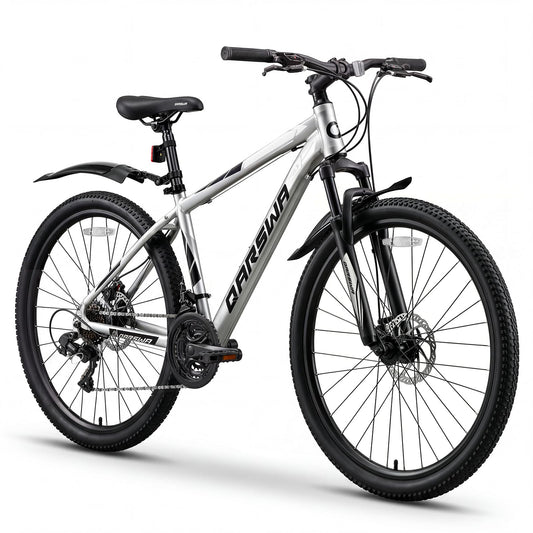 QARSWA 26 Inch Mountain Bike, Lightweight Aluminum Frame MTB with 21-Speed Trigger Shifter & Dual Disc Brakes, Comfort Foam Seat Adult Bicycle for Men and Women, Trail & Outdoor Riding, Matte Silver