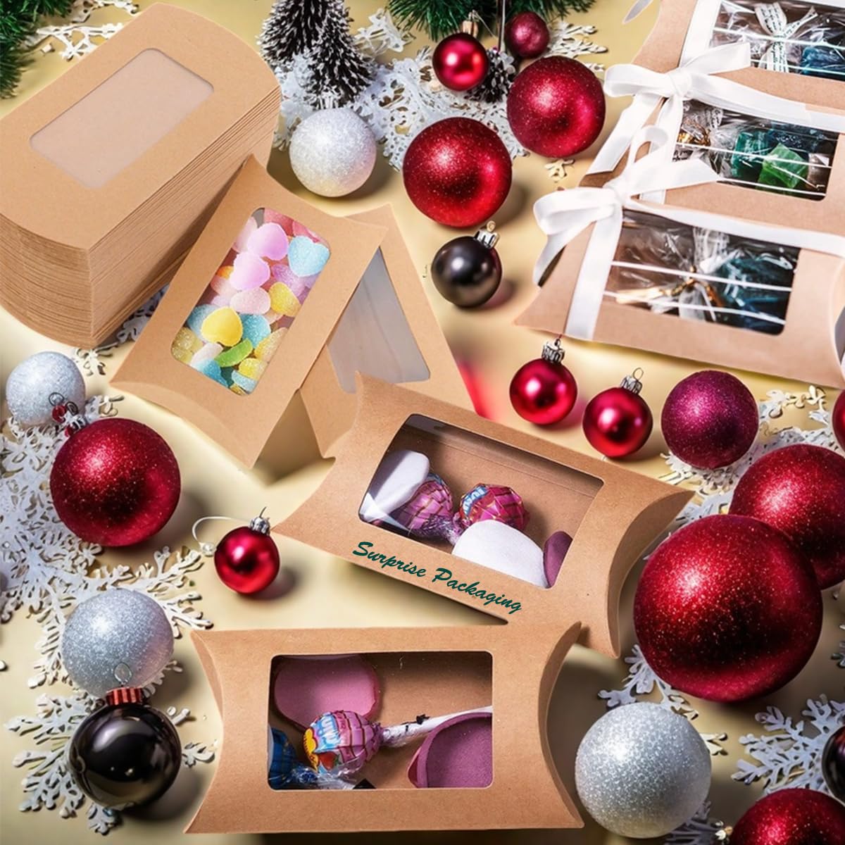 80 Pcs Pillow Gift Boxes with Windows,Kraft Paper Mini Pillow Packaging Box, Creative Favor Box Folding Treat Boxes with Clear Window for Bakery Candy Chocolate Jewelry Display Wedding Party Favor