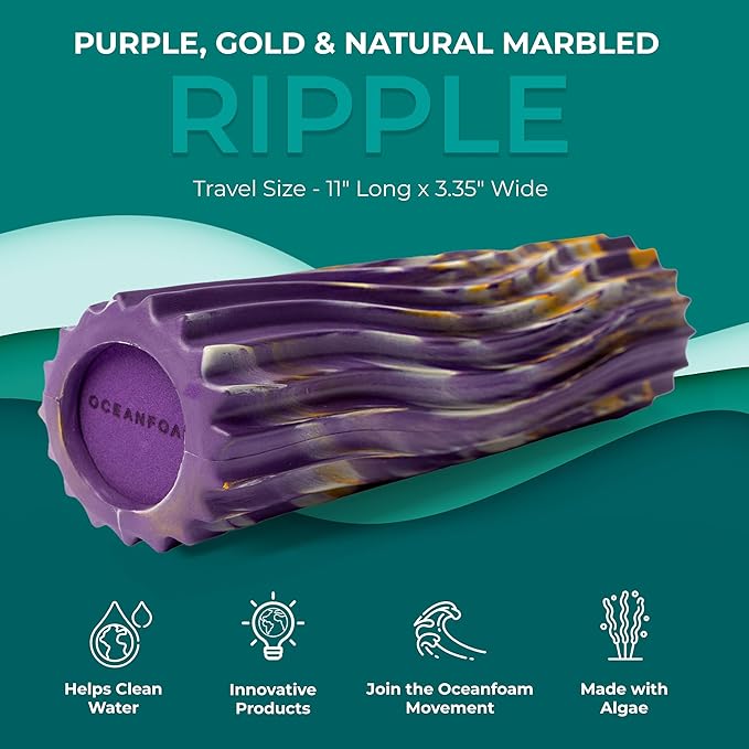 Oceanfoam Ripple Travel Foam Roller (11" x 3.35") Firm Mini Foam Roller for Physical Therapy, Deep Tissue Massage, Back Pain - High Density, Wave Textured - Yoga (Purple, Gold & Natural Marbled)