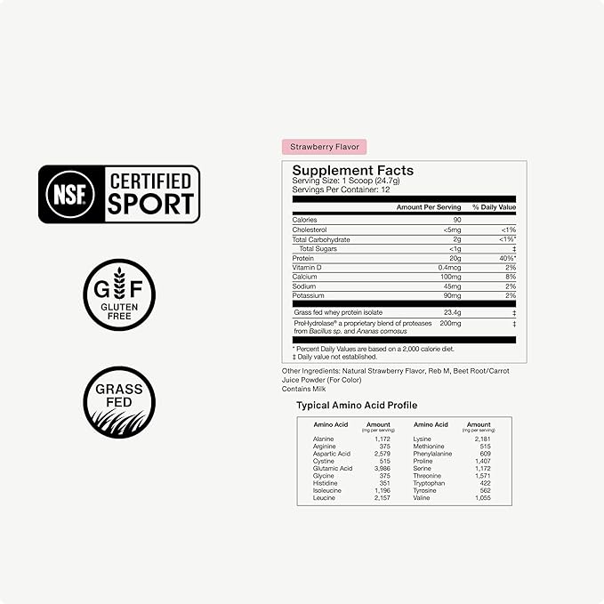 Momentous Essential Grass-Fed Whey Protein Powder - 20 g Whey Isolate Protein - NSF Certified for Sport - Gluten-Free - 12 Servings for Essential Everyday Use - Strawberry - Package May Vary