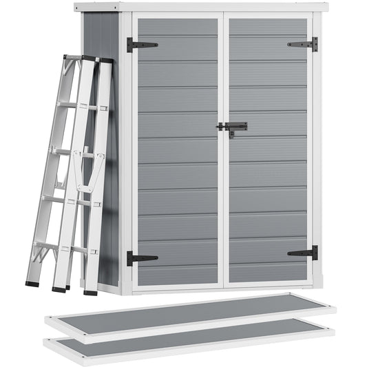 DWVO 4.3x2x5.5ft Outdoor Vertical Storage Shed with 2 Shelves, 50 Cu Ft Waterproof Resin Garden Shed with Lockable Door, Plastic Tall Tool Cabinet for Garbage Cans, Lawn Garden Supplies (Gray)