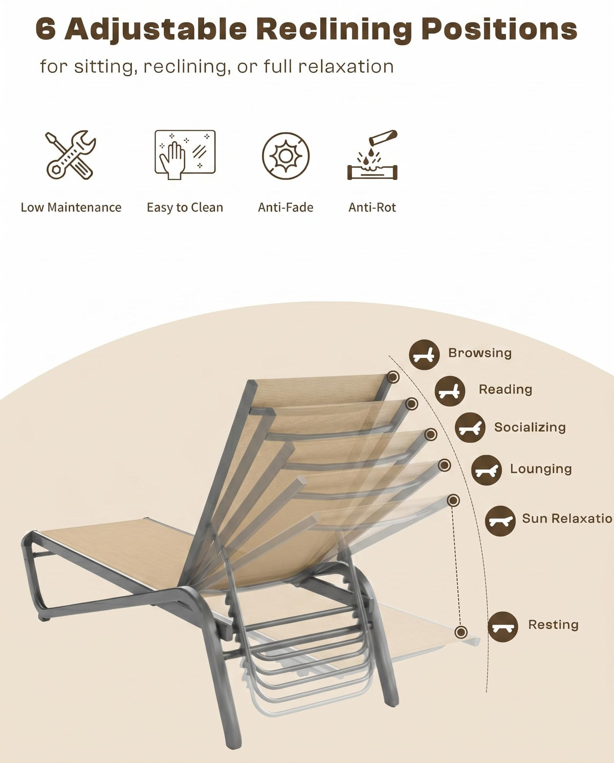 AreShark Aluminum Chaise Lounge Outdoor Set of 2,Textilene Patio Lounge Chair with 6-Position Adjustable Backrest,Stackable & Easy Assembly,Lightweight for Pool,Deck,Balcony,Lawn,Light Gray,Khaki