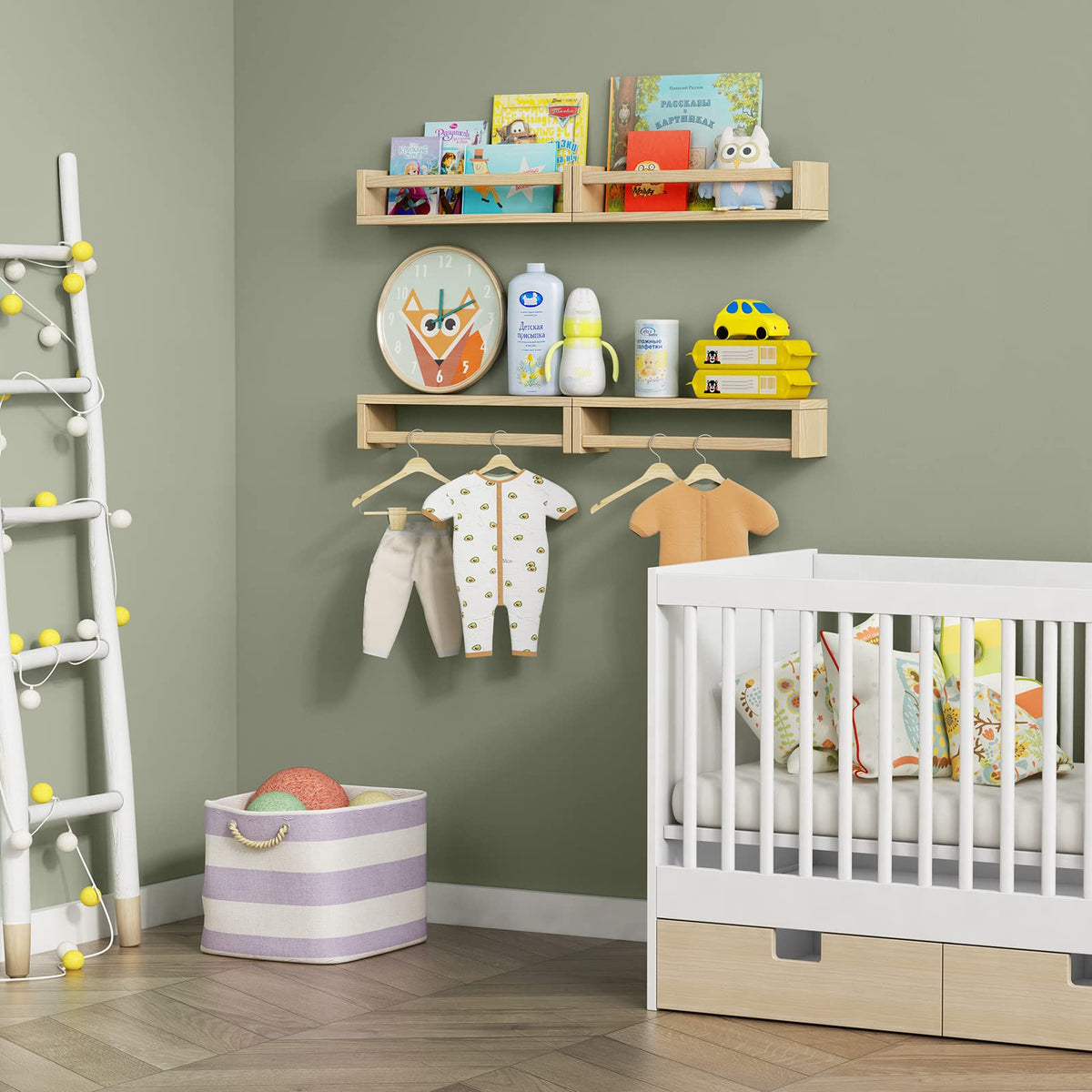 Forbena Natural Wood Nursery Book Shelves Wall Mounted, Floating Bookshelf for Kids Room, Toys and Books Storage Organizer Bookshelves for Toddler Child Bedroom Bathroom (4 Pack Natural Wood)