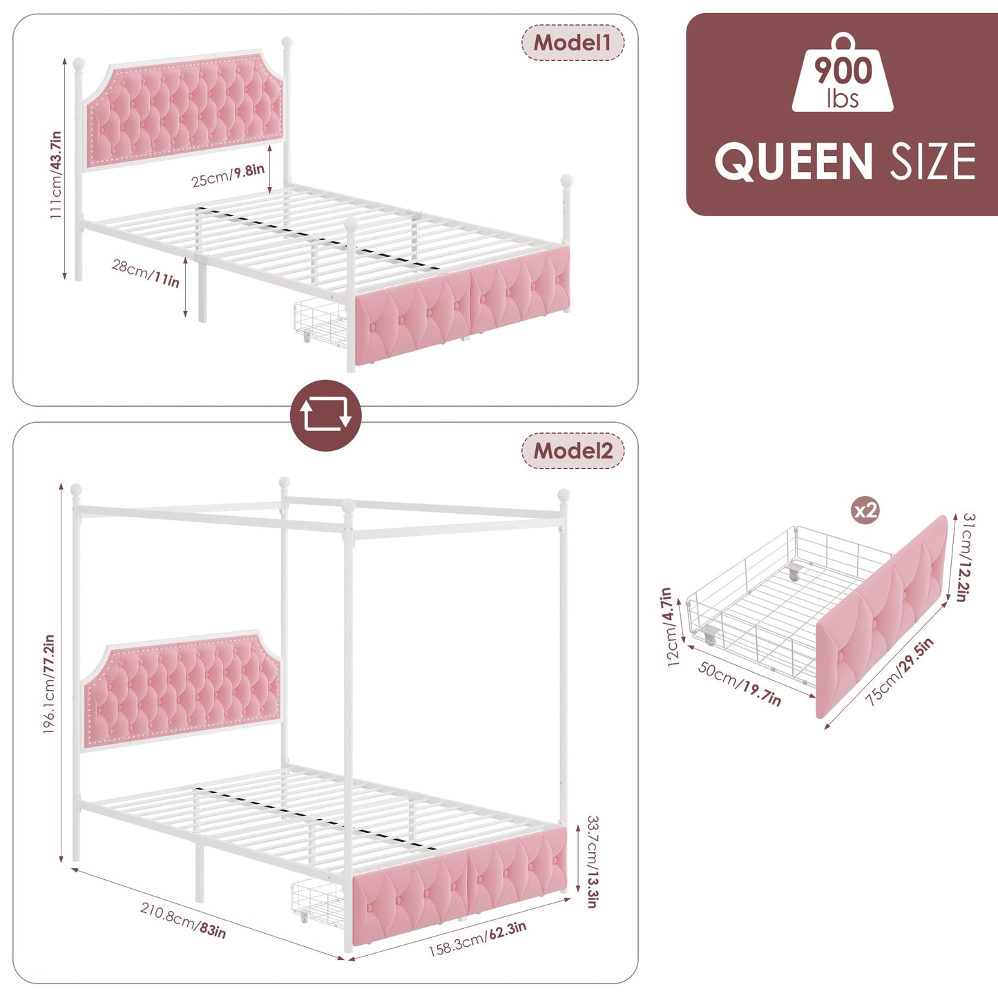 Keyluv Queen Upholstered Canopy Bed Frame with 2 Storage Drawers & Button Tufted Headboard, Metal Platform Bed with 4 Removable Posts, Two-Purpose Velvet Bed, Pink/Curtain Not Included