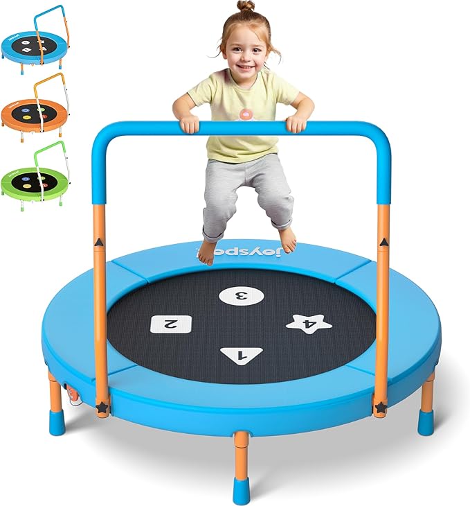 3FT Toddler Trampoline with Adjustable Handlebar, 36" Foldable & Spring-Free, Mini Kids Indoor Outdoor Trampoline for Ages 1-6, Noiseless Jumping Mat, Safe & Sturdy Design, Supports Up to 100 lbs