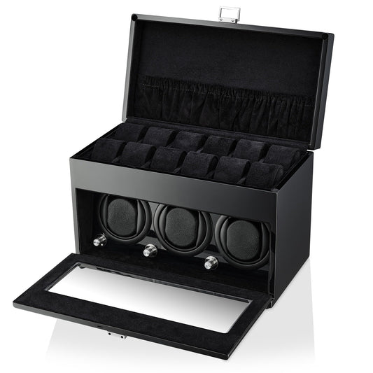 Watch Winder and Storage Box for Winding 3 Automatic Watches and 12 Watch Storage Space (Black+ Black)