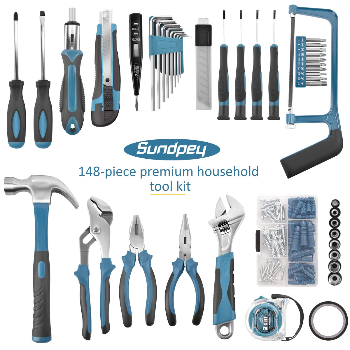 Sundpey Home Tool Kit 148-Pcs - Household Basic portable Hand Repair Tool Set with Case & Ratcheting Screwdriver & Hex Key & Pliers & Wrench & Voltage Tester & Water Pump Plier for Men Women