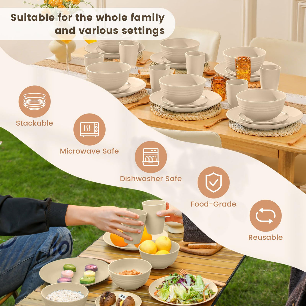 Homienly 24 PCS Premium Wheat Straw Dishes Set for 6, Reusable Plates and Bowls Sets,Cups,Lightweight & Unbreakable Dishwasher and Microwave Safe Dinnerware Sets for Kitchen,Outdoor- Beige