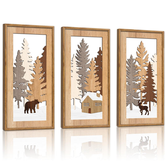 KAIRNE Winter Wooden Wall Art Set, 3pcs 8X16 Vintage Wood Wall Decor,Rustic Farmhouse Framed Wall Sculptures,Pine Deer Bear Wooden Hanging Decor for Living Room Bedroom Kitchen Office Decoration