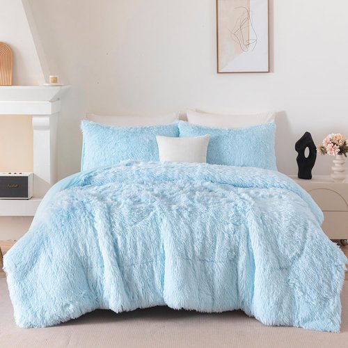 BYHOFMLY Light Blue Fluffy Girls Comforter Set Twin Size 3 Pieces Faux Fur Plush Shaggy Bedding Set for Teen Girls Soft Warm Furry Velvet Kids Bed Sets (Light Blue, Twin)
