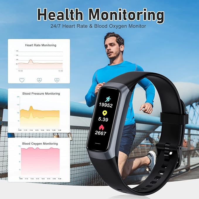 Fitness Tracker with 24/7 Heart Rate, Blood Oxygen Blood Pressure Sleep Monitor, Activity Trackers 5 ATM Waterproof,Step Calorie Counter Pedometer Health Smart Watch for Women Men (Black)