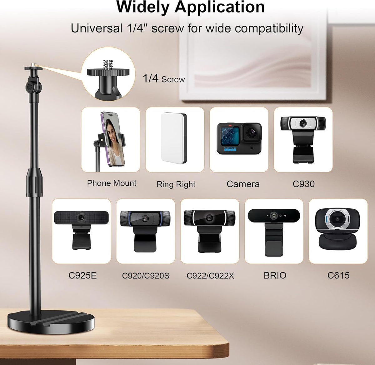 LenTok C922 C930e C920S C920 C615 C960 C920x 4K, 1/4'' Telescopic Webcam Tripod Stand for Desk with Phone Holder