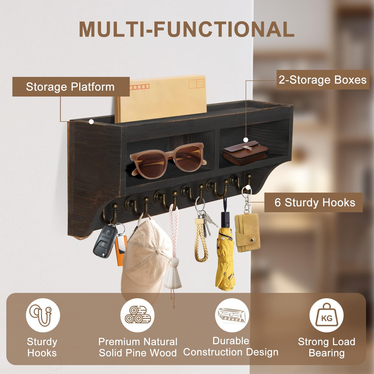 Key Holder Wall Mount - Mail Organizer Wall Mount with 6 Key Hooks and Storage Box for Sunglasses Storage and Dog Leash Holder Home Decor Rack Apartment Farmhouse Shelf Entryway Organizer (Black)