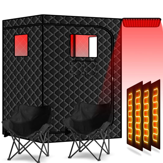 Smartmak Two Person Portable Far Infrared Sauna with 660nm Red Light Therapy Lamp, X-Large Sauna Box, 6 Heaters, Full Size Indoor SPA Room for Home Relaxaion, Remote Control, 2 Big Folding Chairs