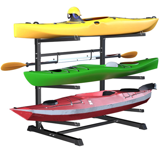 TRUSOON Outdoor Freestanding Kayak Rack, Heavy Duty Kayak Stand for 3 Kayaks, Canoe, Surfboard, Paddle Board Storage, Hold up to 600lbs, Black