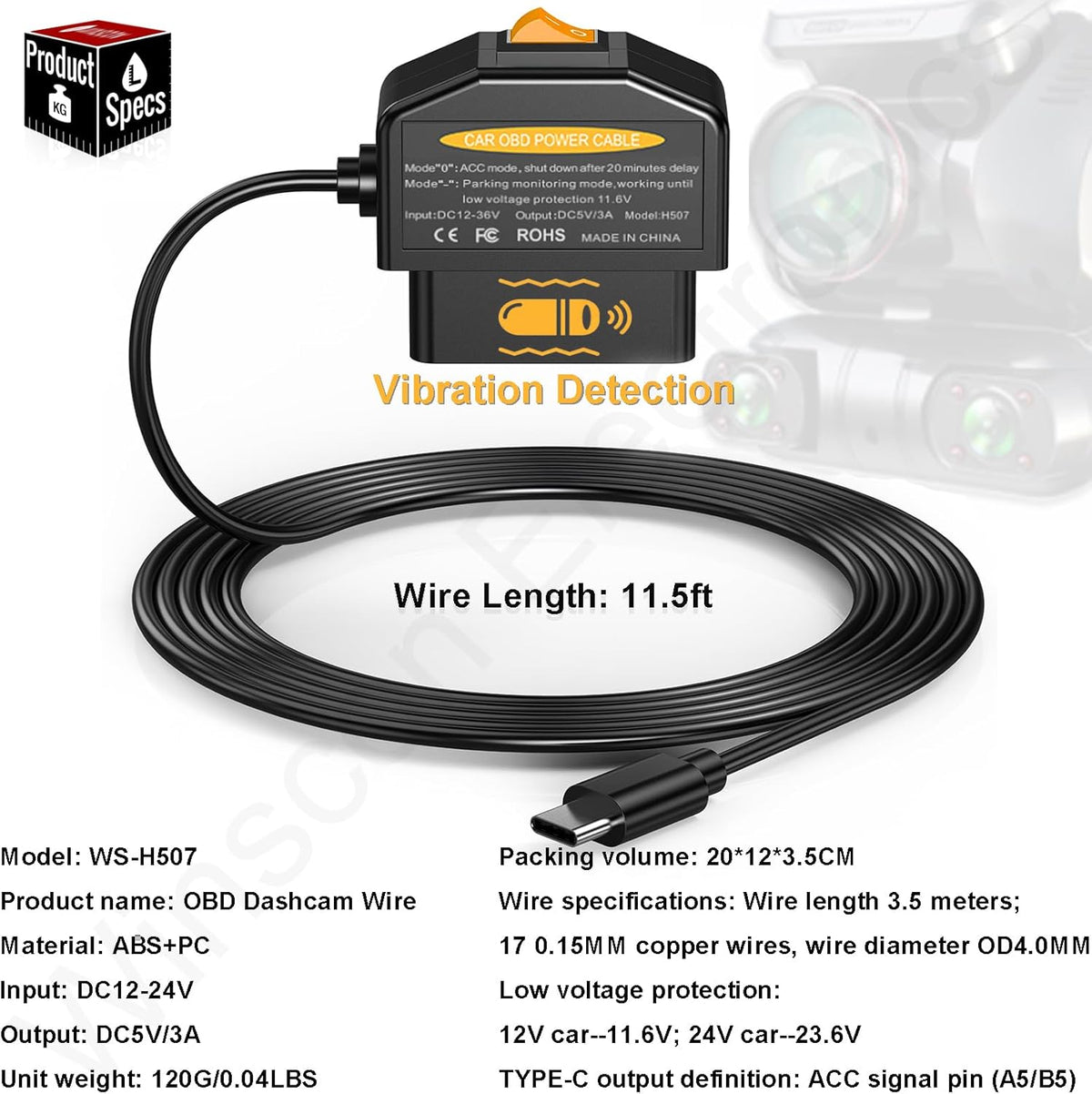 Redsia 12-24V 5V/3A 24h Dash Cam Hardwire Kit OBD, Dash Camera USB Type C Hardwire Kit OBD Power Charging Cable
