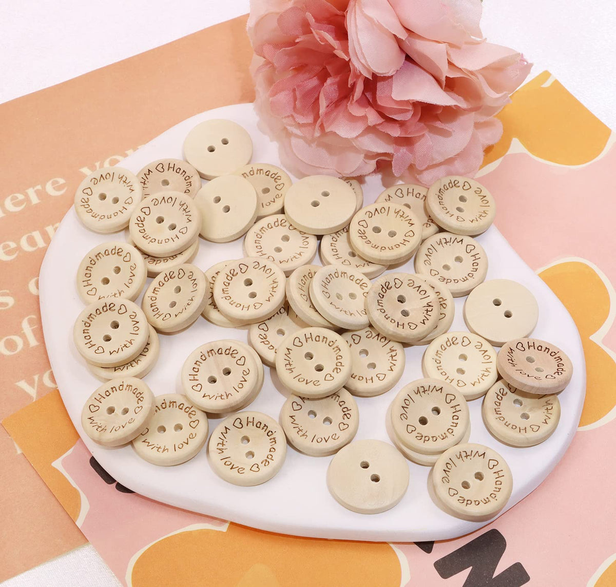 Shapenty Wooden Handmade with Love Buttons 2 Holes Round Sewing Buttons for Gift Giving Crochet Knitting Craft Projects Scrapbook Clothing Hats Sweater Decor Accessories, 50PCS (20mm)