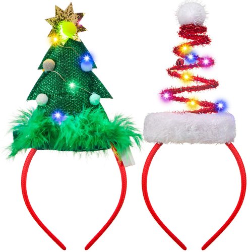 JOYIN 2 PCS Lighted Christmas Headbands with LED lights in Springy Santa Hat Tree Designs for Christmas and Holiday Parties (ONE SIZE FIT ALL)