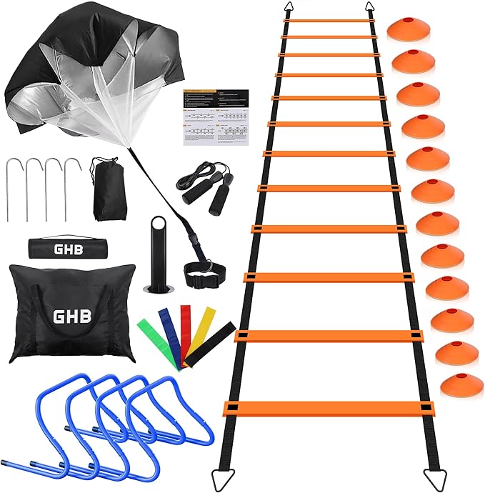 GHB Agility Ladder,Football Training Equipment Set,4 Agility Hurdles, 20 feet12 Rungs Speed Ladder,12 Disc Cones,Resistance Parachute, Jump Rope, 5 Resistance Bands