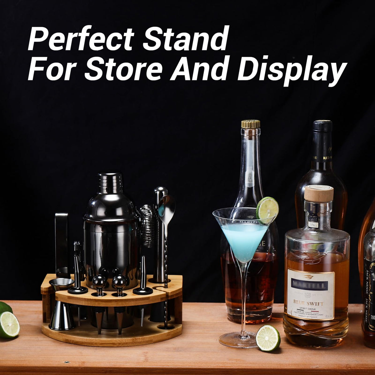 Cocktail Shaker Set Bartender Kit with Stand, 12 Piece Bar Set Drink Mixer Set with Stainless Steel Bar Accessories Tools: 25oz Martini Shaker Jigger Strainer Spoon Muddler for Cocktails (Black)