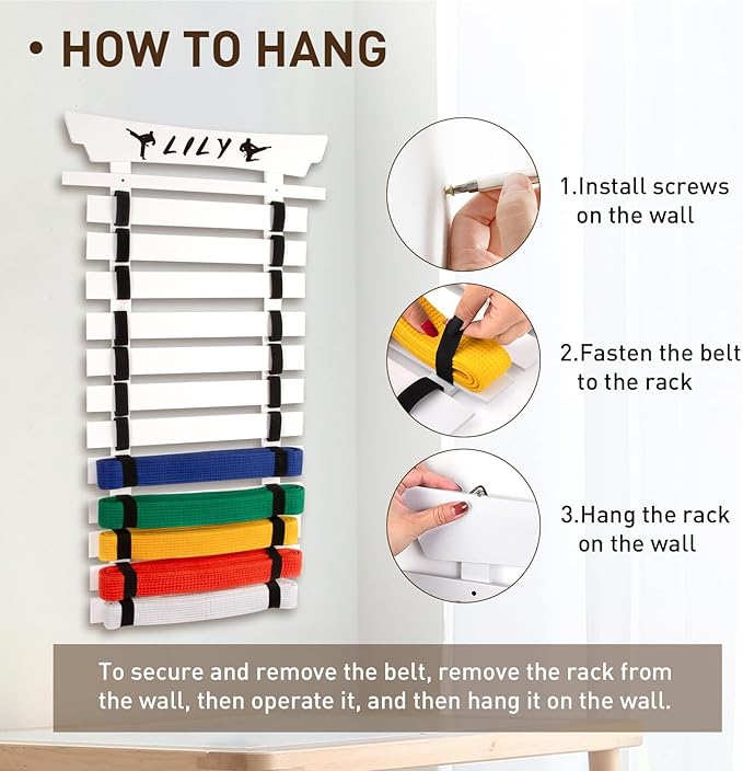 12 Belts Karate Belt Display Rack with Stickers, Martial Arts Belt Display Holder, Taekwondo Belt Jiu Jitsu Belt BJJ Belt Display Hanging Holder for Adults
