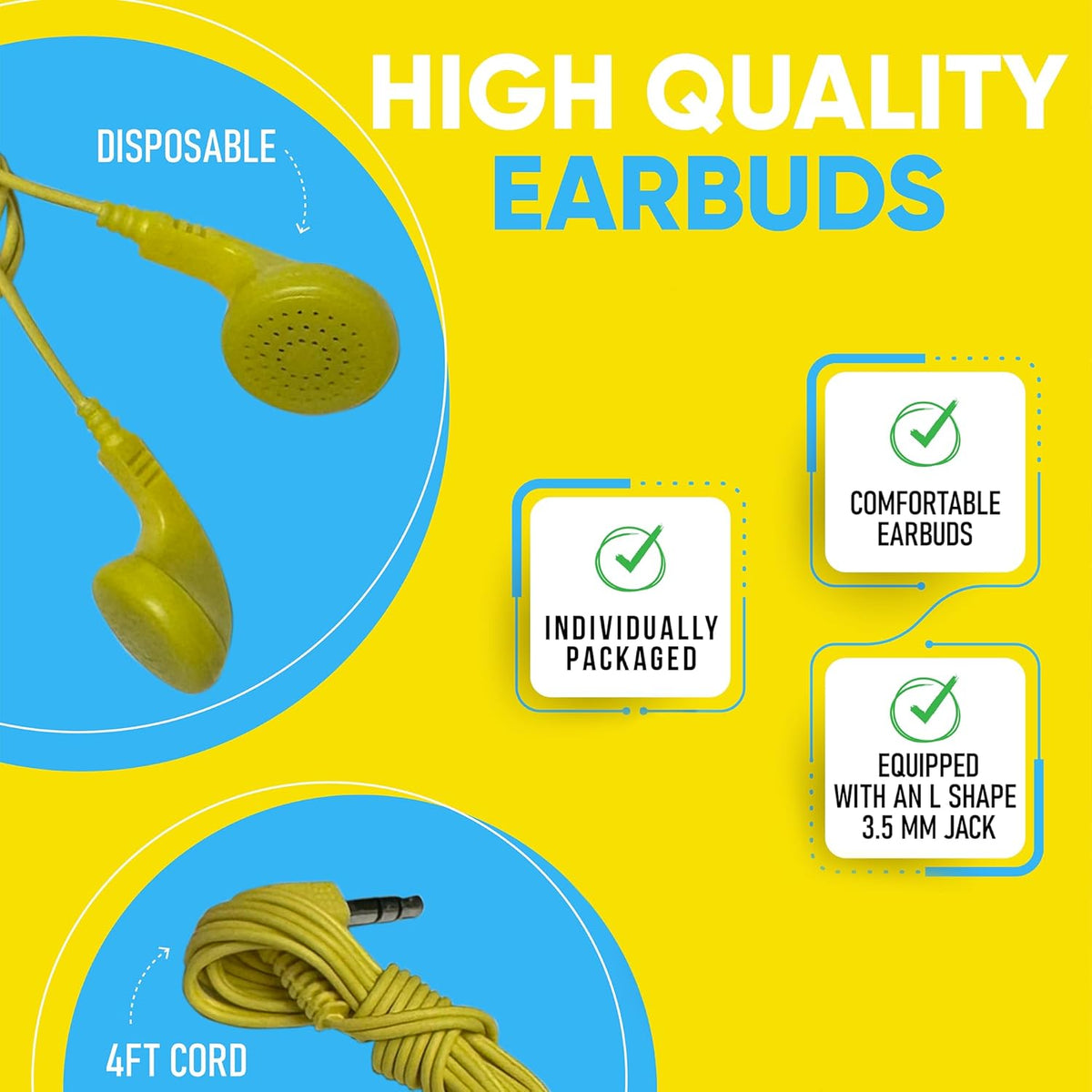 Redskypower 5 Pack 3.5mm 4ft Bulk Wired Earphones, In Ear Earbud Headphones with Jack, Tangle Free Cable, Comfortable