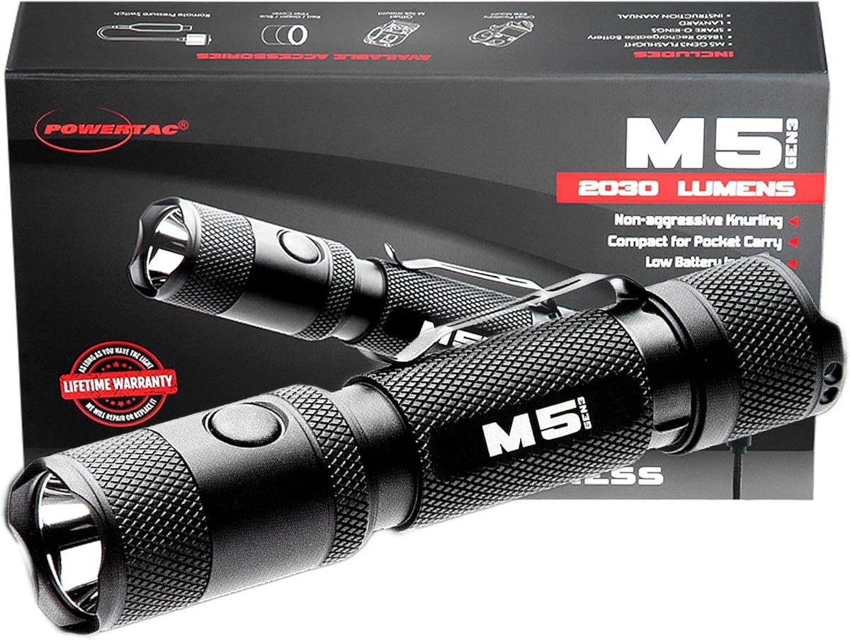PowerTac M5-G3 2030 Lumens Rechargeable Tactical Flashlight, 330M Throw with Magnetic Charging and Dual Switch, LED Flashlight for Outdoor Emergency