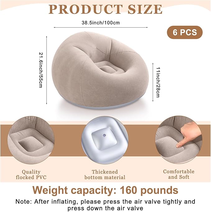Realspring 6 Pcs Bean Bag Chairs for Adults Inflatable Chairs with Electric Air Pump,Blow up Couch Folding Portable Inflatable Couch Lazy Sofa for Reading Living Room Camping (Coffee)