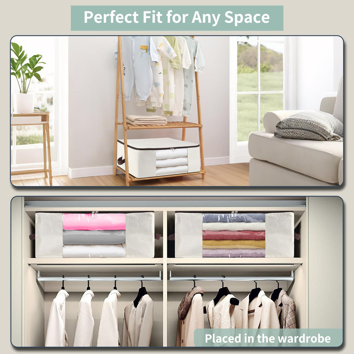 iwill CREATE PRO 2-Pack 65x45x23cm Cotton Canvas Storage Bags with See-Through Window - Soft, Durable & Space-Saving for Clothes, Blankets, Pillows
