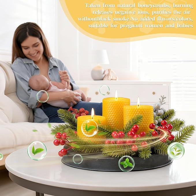 Hand-Rolled Beeswax Candles,2.8x3in-3PCS,All Natural Honeycomb Beeswax Pillar Candles,72 Hours Long Burning Bees Wax Candles for Home,Dripless Smokeless Unscented Honeycomb Pillar Candle