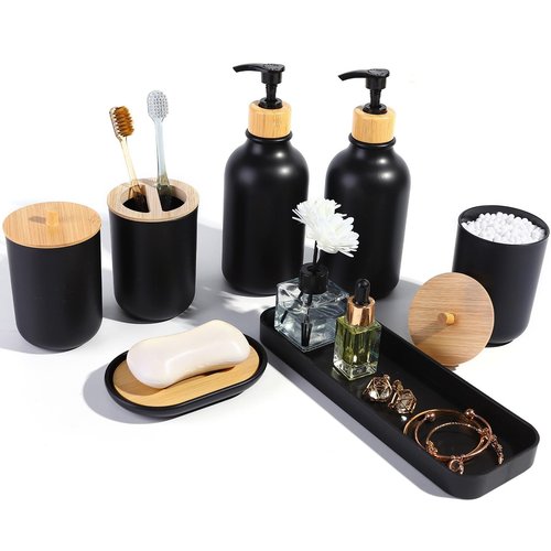 FNGJMJG Matte Black Bathroom Accessories Set 7 Pcs,Bamboo Bathroom Accessories Sets,Black Soap Dispenser and Toothbrush Holder Set,Qtip Holder,Vanity Tray,Soap Dish,Modern Bathroom Decor