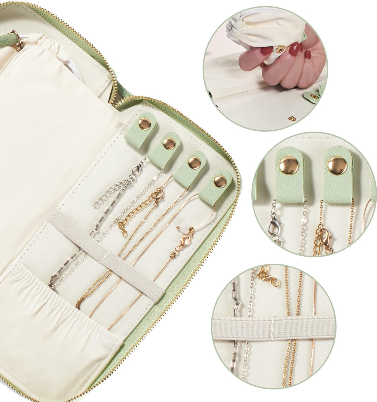 FEMIECHO Travel Jewelry Organizer Case - for Tangle-Free Necklaces, Earrings, Rings, Bracelets Storage, Travel Essentials, Fashion Portable Jewelry Travel bags for Women - Medium Macaron Green