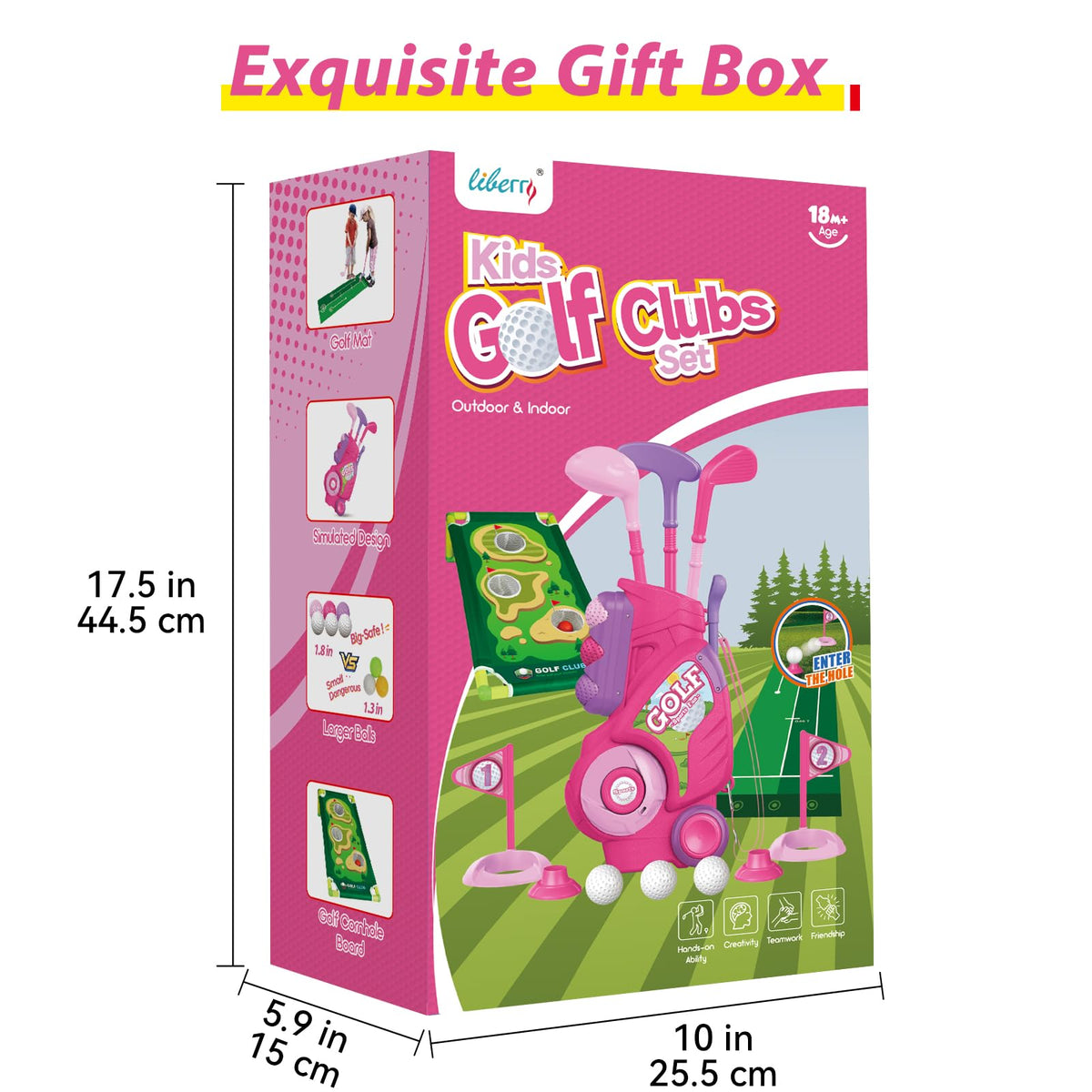 Liberry Toddler Golf Set for 2 3 4 Years Old Girls Boys, Upgraded Kids Golf Cart with Golf Cornhole Board & Putting Mat, Indoor and Outdoor Golf Toys Birthday Gift, Pink