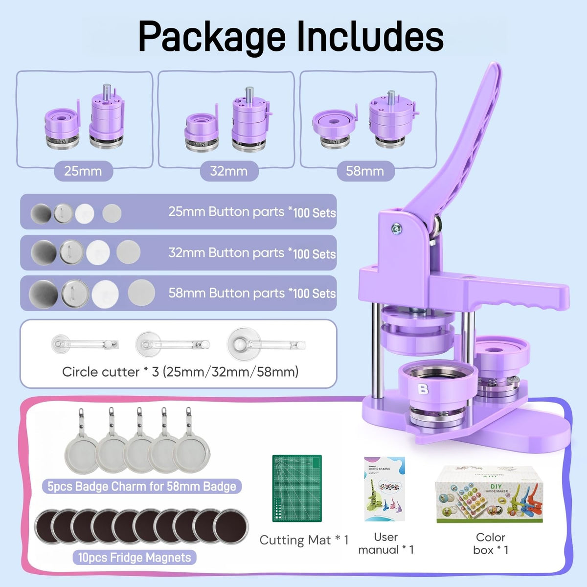 Mryitcal Button Maker Machine 1''+1.25''+2.25'' Pin Maker Button Press Machine w/ 300 Metal Pinback, 10 Fridge Magnet, 5 Badge Charm, 1 Cutting Mat, Badge Making Kit for Custom Badge, Party Favors