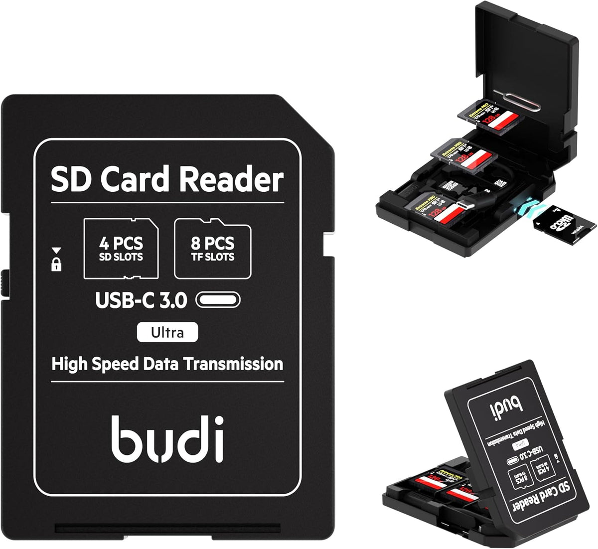 BUDI 8 16/15/14/13/12/11/Pro Micro SD Memory Card Reader with Slots TF-Styled Memory Card Storage Case Supports USB