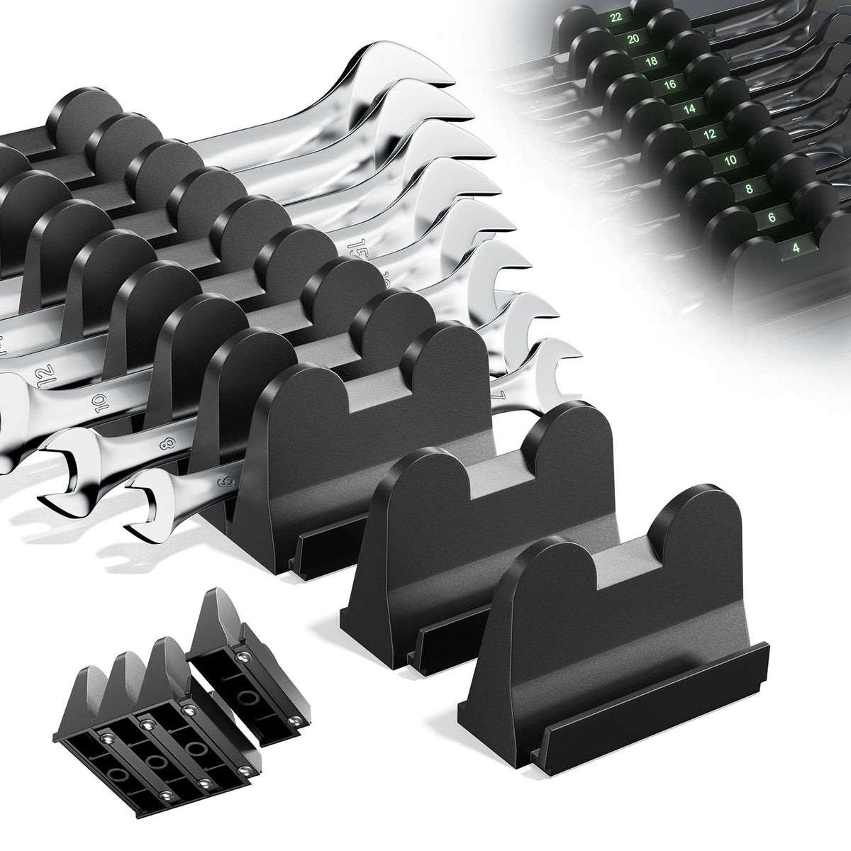 Luomeic 40PCS Modular Wrench Organizer Holder - Storage Set with Metric & SAE Florescent Label & Anti-Slip Mat, Wrench Rack for Tool Box Drawer, Tool Gift for Professional Mechanics Men