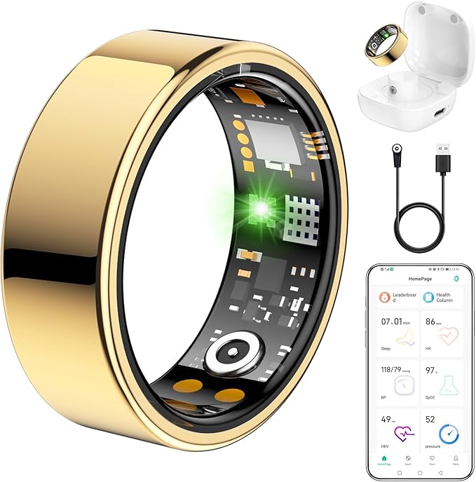 Ring Health Tracker for Women Men, Fitness Tracker with Heart Rate, Blood Oxygen, Sleep Monitor, Calories, Step Counter, IP68 Waterproof Smart Ring for iPhone & Android, No Subscription Fee (Gold, 7#)