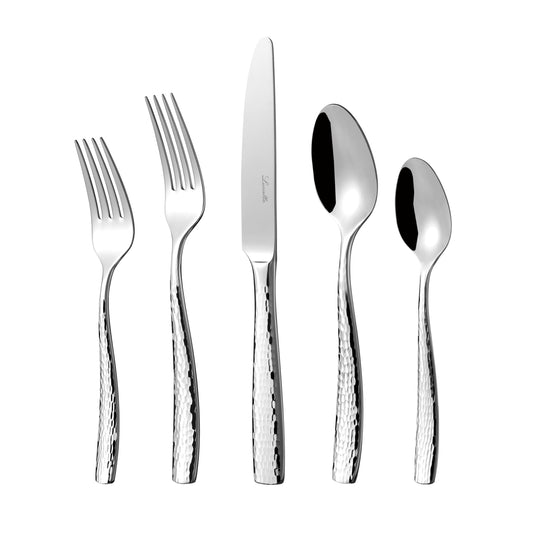 Luciella Ponza Flatware Set for 12, 65-Piece Stainless Steel Silverware Set with Serving Utensils, Timeless Hammered Design, Rust-Resistant, Mirror Polished & Dishwasher Safe, House Warming Gifts