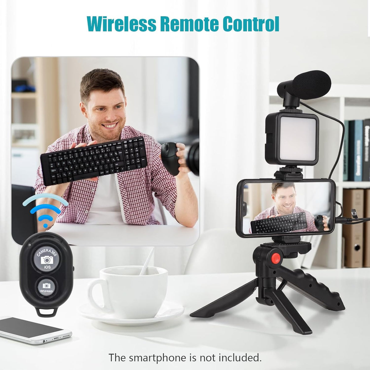 Andoer Smartphone Vlog Kit Mini LED Video Light + Cardioid Microphone + Extendable Phone Clip + Tripod with Adjustable