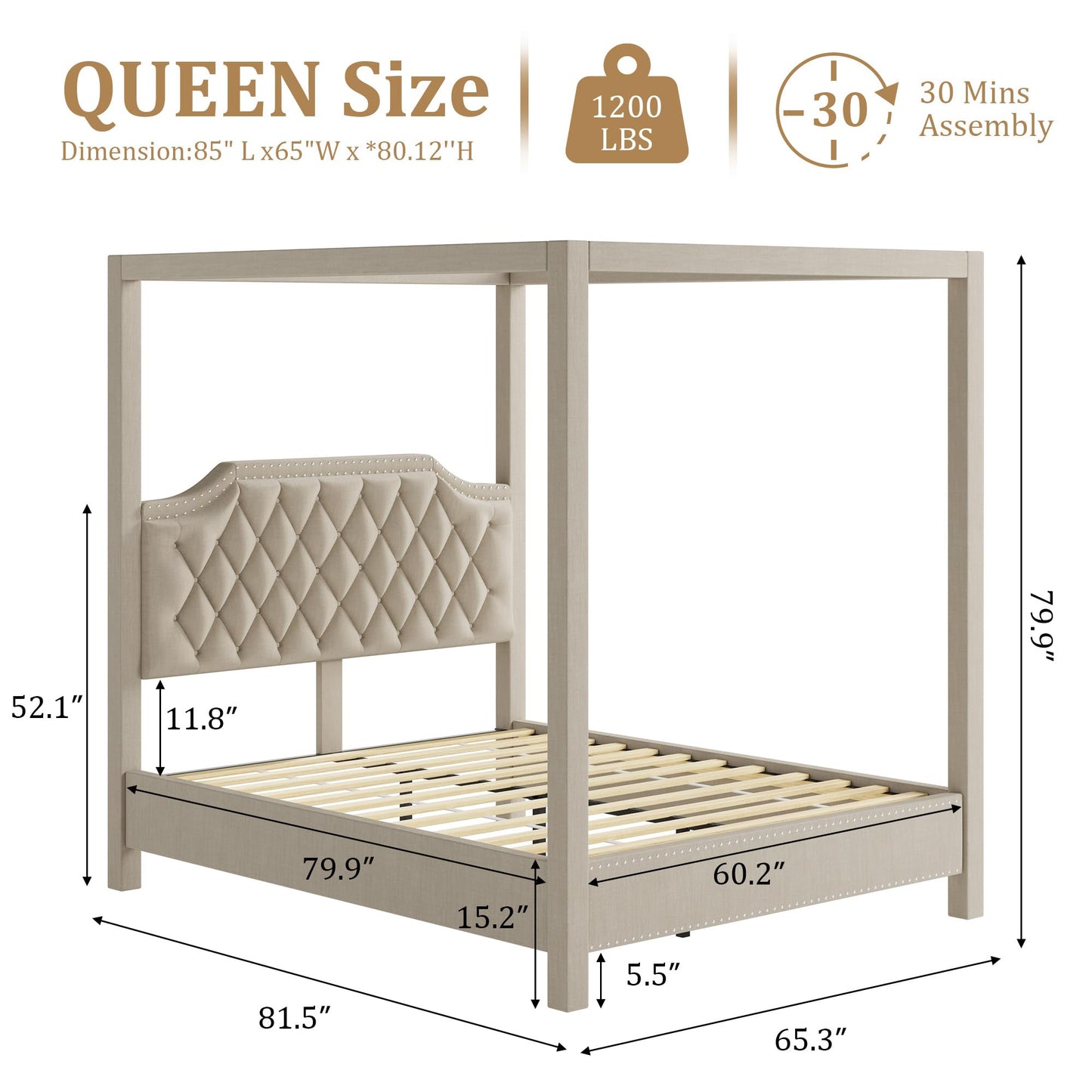 IDEALHOUSE Queen Size Canopy Bed Frame with Nailhead Decoration Headboard，Upholstered Bed Frame with Poles 4 Corner Bed Bracket,Solid Wood Slats Support,No Box Spring Needed,Noise Free,Beige