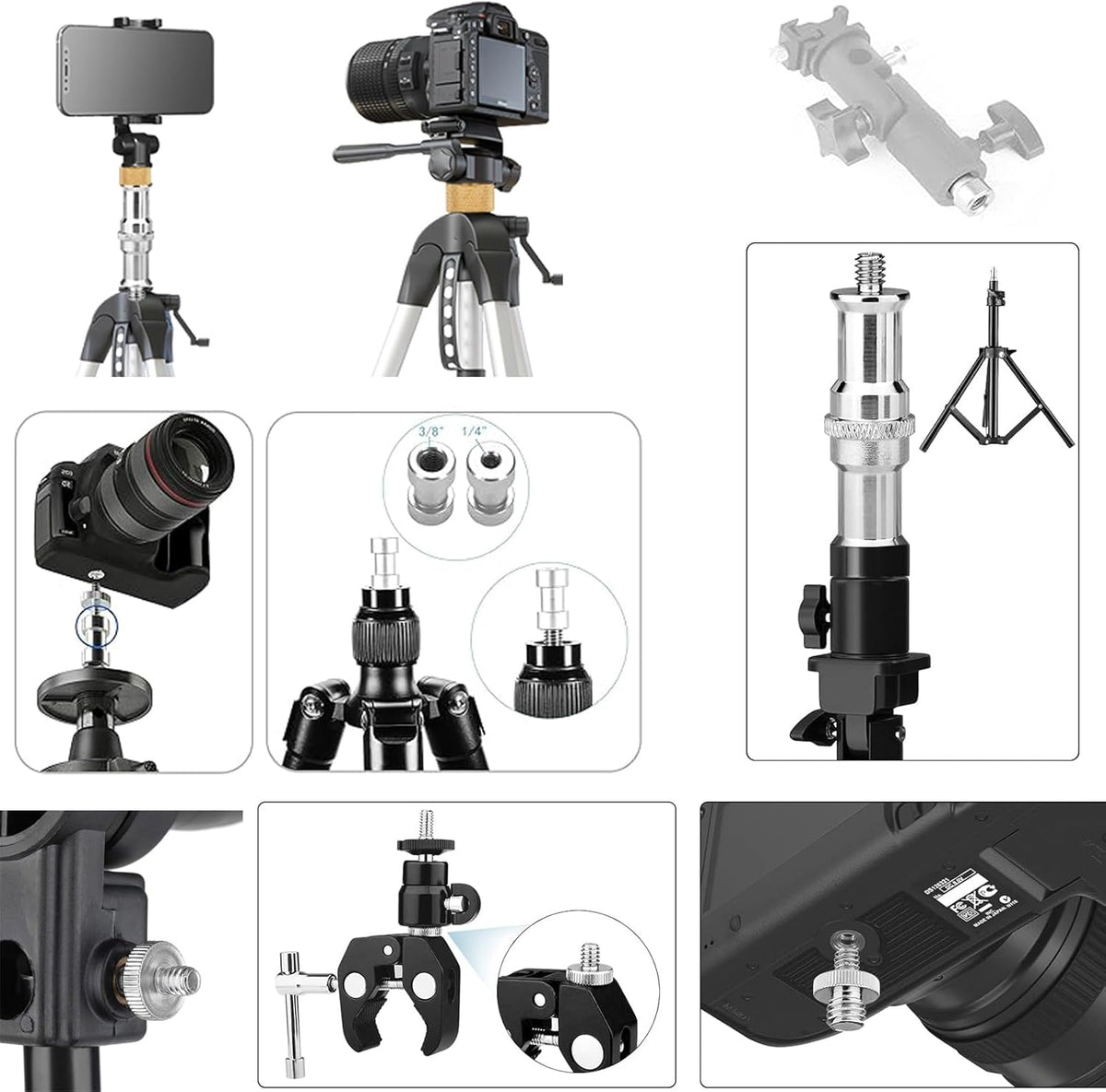 30Pack 1/4 3/8 Inch 1/4" Camera Tripod Screw Mount Kit to Adapter Threaded Converter Swivel Ball Head and Hot Shoe E