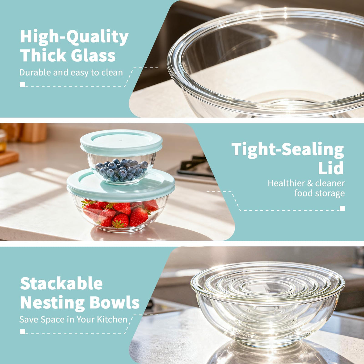 WhiteRhino Glass Mixing Bowl with Lids Set of 5, 0.2, 0.5, 1.1, 2.1, 3.75 QT, Large Salad Bowls with BPA-Free Lids, Space-Saving Nesting Bowls for Kitchen Food Storage, Glass bowl for Cooking, Baking