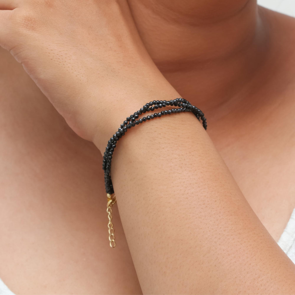 Gempires Natural Black Spinel Beaded Bracelet Gemstone Multi Strand Crystal Jewelry Hypoallergenic 8 Inch Gold Plated Elegant Birthday Jewelry Gifts for Women