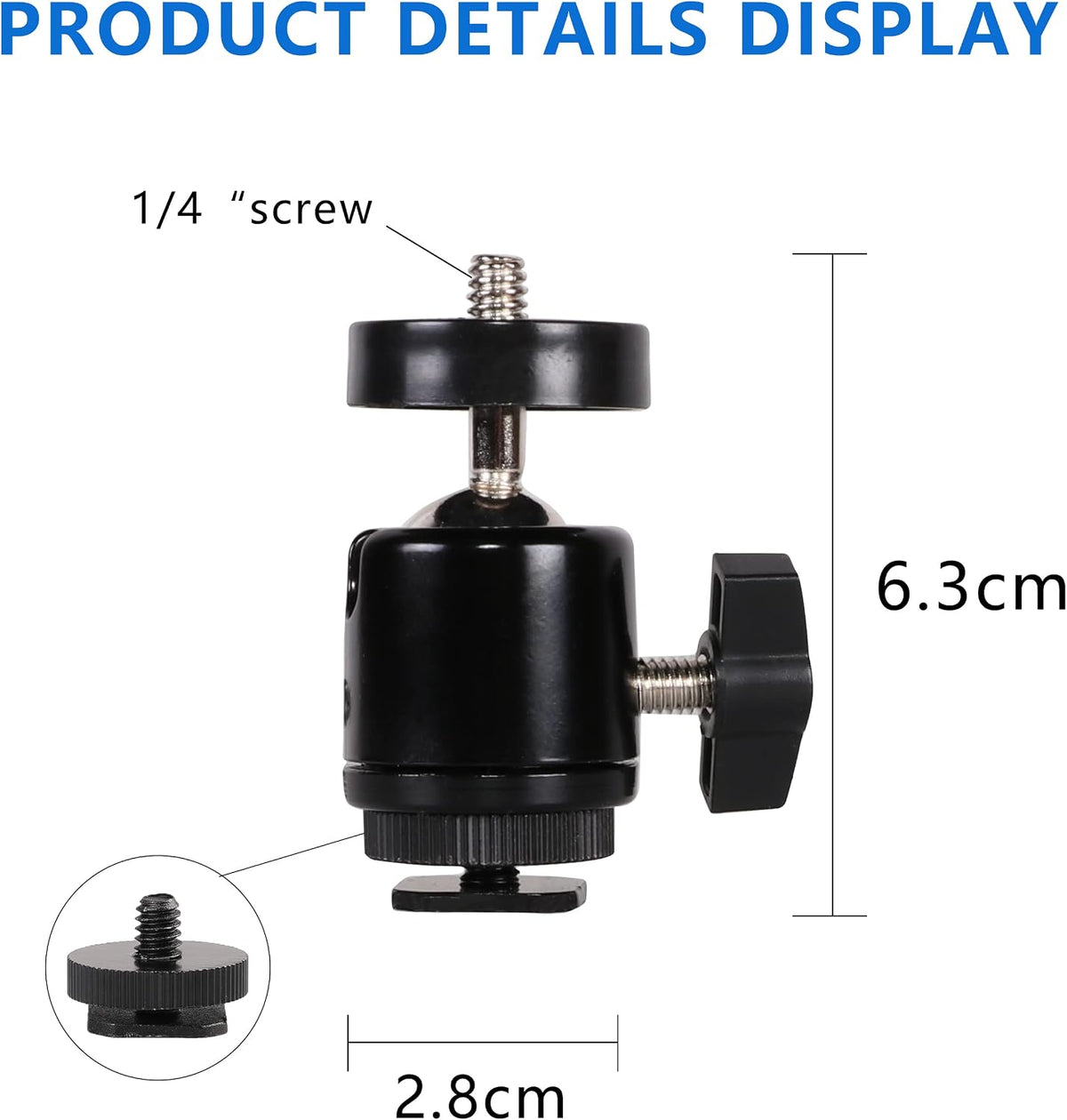 360 1/4 inch (2 Pack) Hot Shoe Mount Adapter Degree Swivel Mini Ball head with Screw for DSLR Camera, Monitor